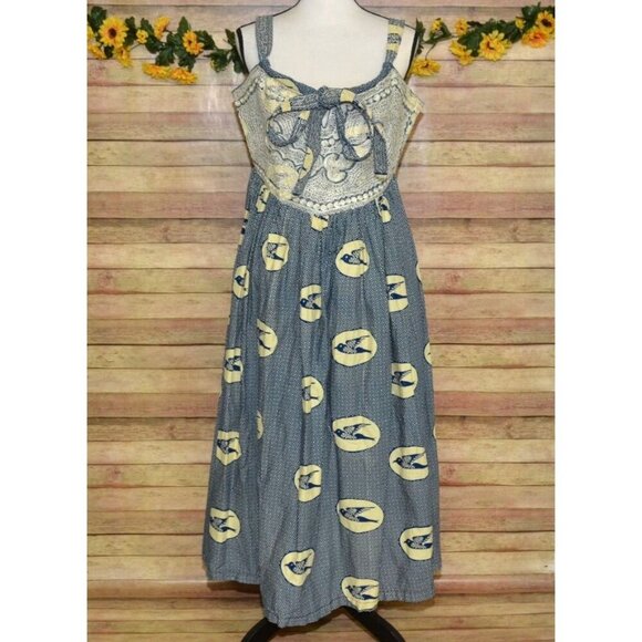 Hand Made Blue & Beige Nautical Coastal Sundress Size L Embroidered Bird Pattern - Picture 4 of 14